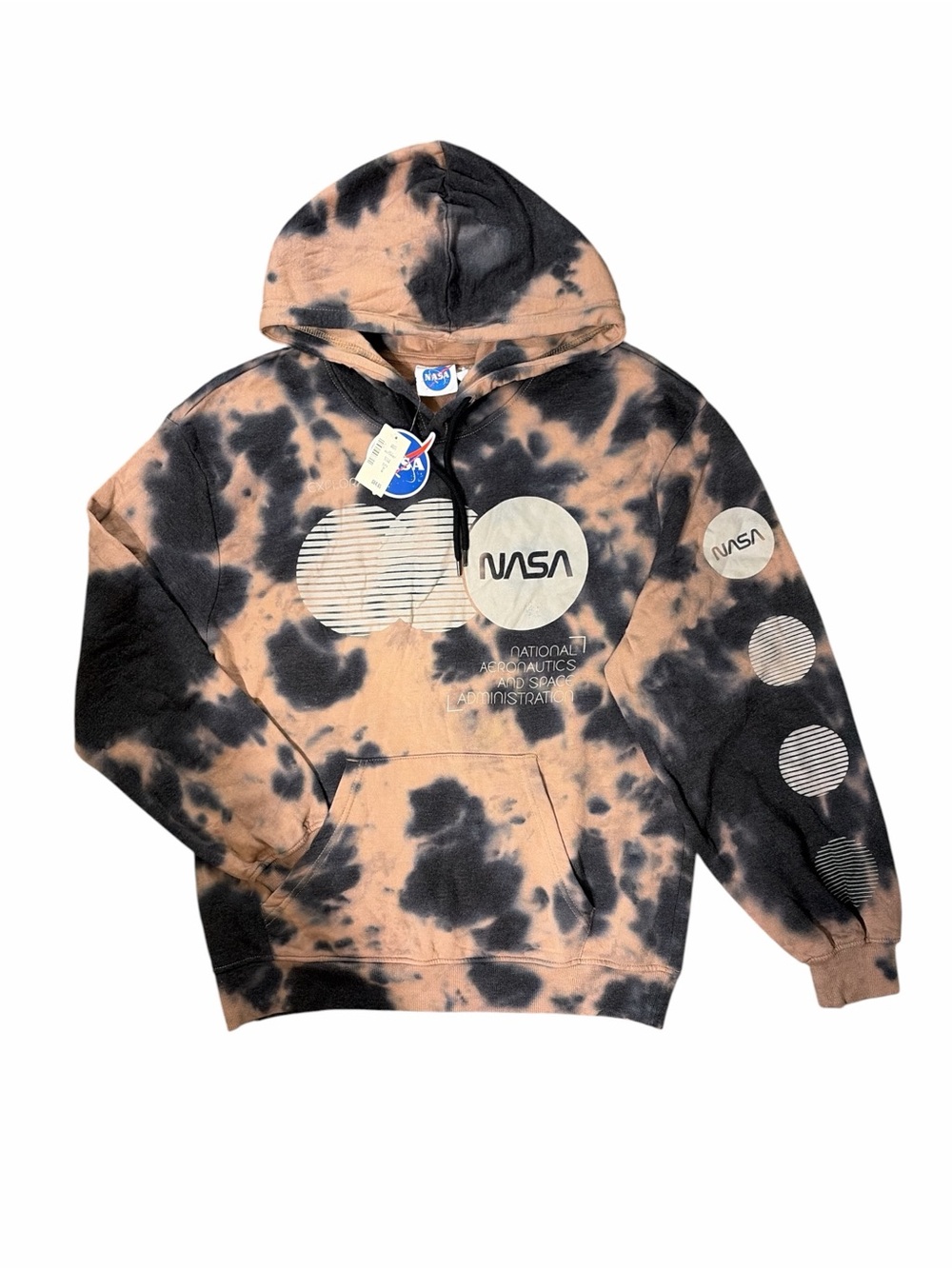NASA Reverse Tie Dye Graphic Hoodie Small NWT Black Tan Streetwear Spacecore